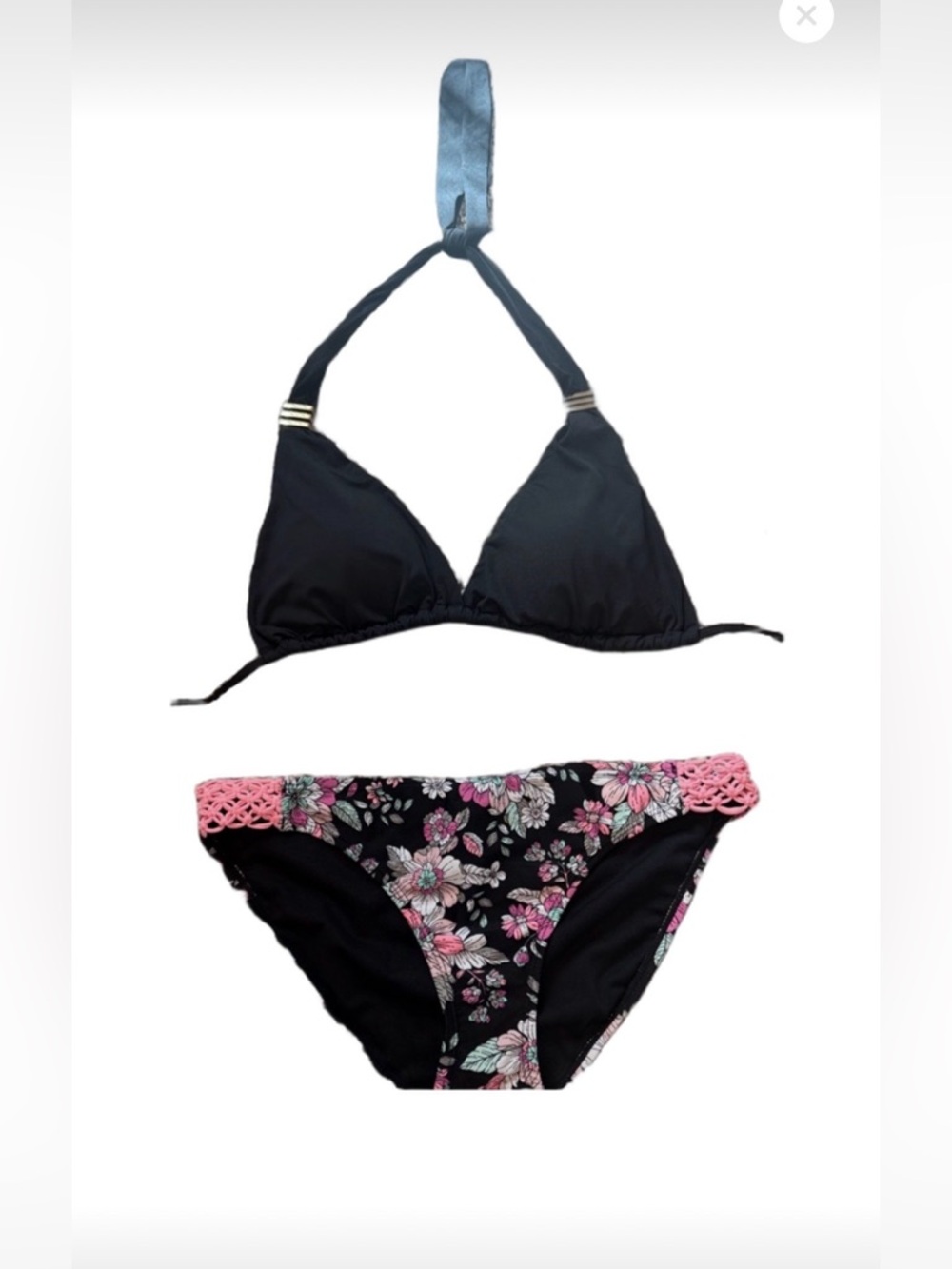 Bar III Black Halter Bikini with Pink Floral Crochet-Trim Bottoms